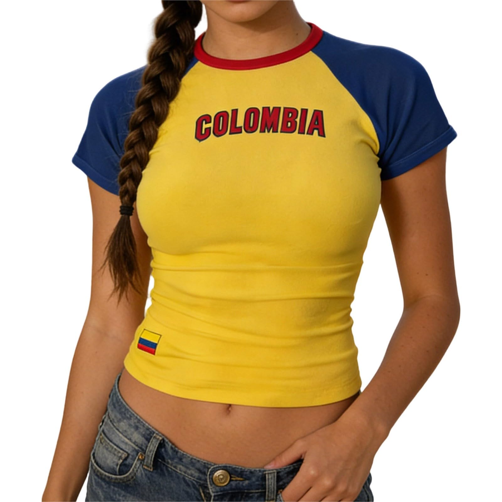 Women's Sports Crop Top Round Neck Short Sleeve Summer Brazil Naked Belly for Teens Girls Vintage Pom-Pom Uniforms Breathable Sportswear