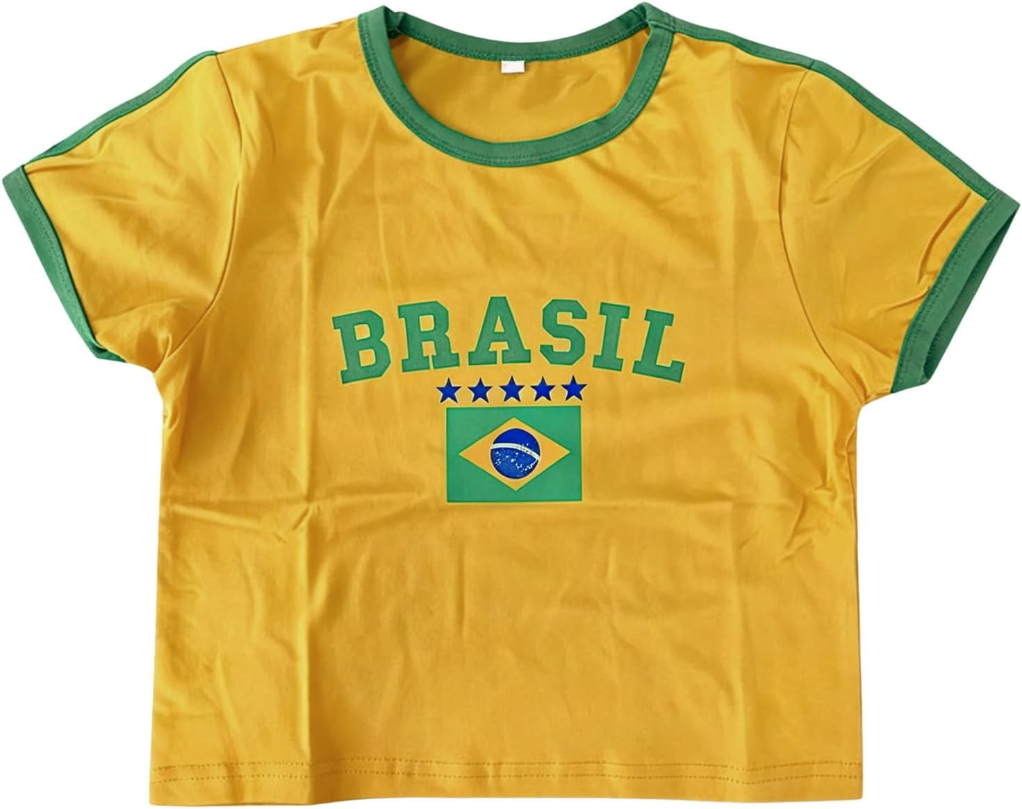 Générique Crop Top Football Femme Manches Raglan Drapeau Brésil Inscription Haut Court Tissu Respirant pour Supporteurs Sorties Estivales Tailles S À XL