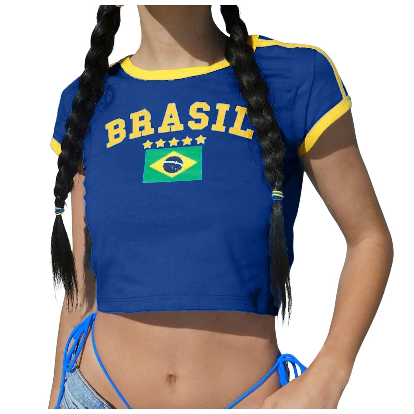 Générique Crop Top Football Femme Manches Raglan Drapeau Brésil Inscription Haut Court Tissu Respirant pour Supporteurs Sorties Estivales Tailles S À XL