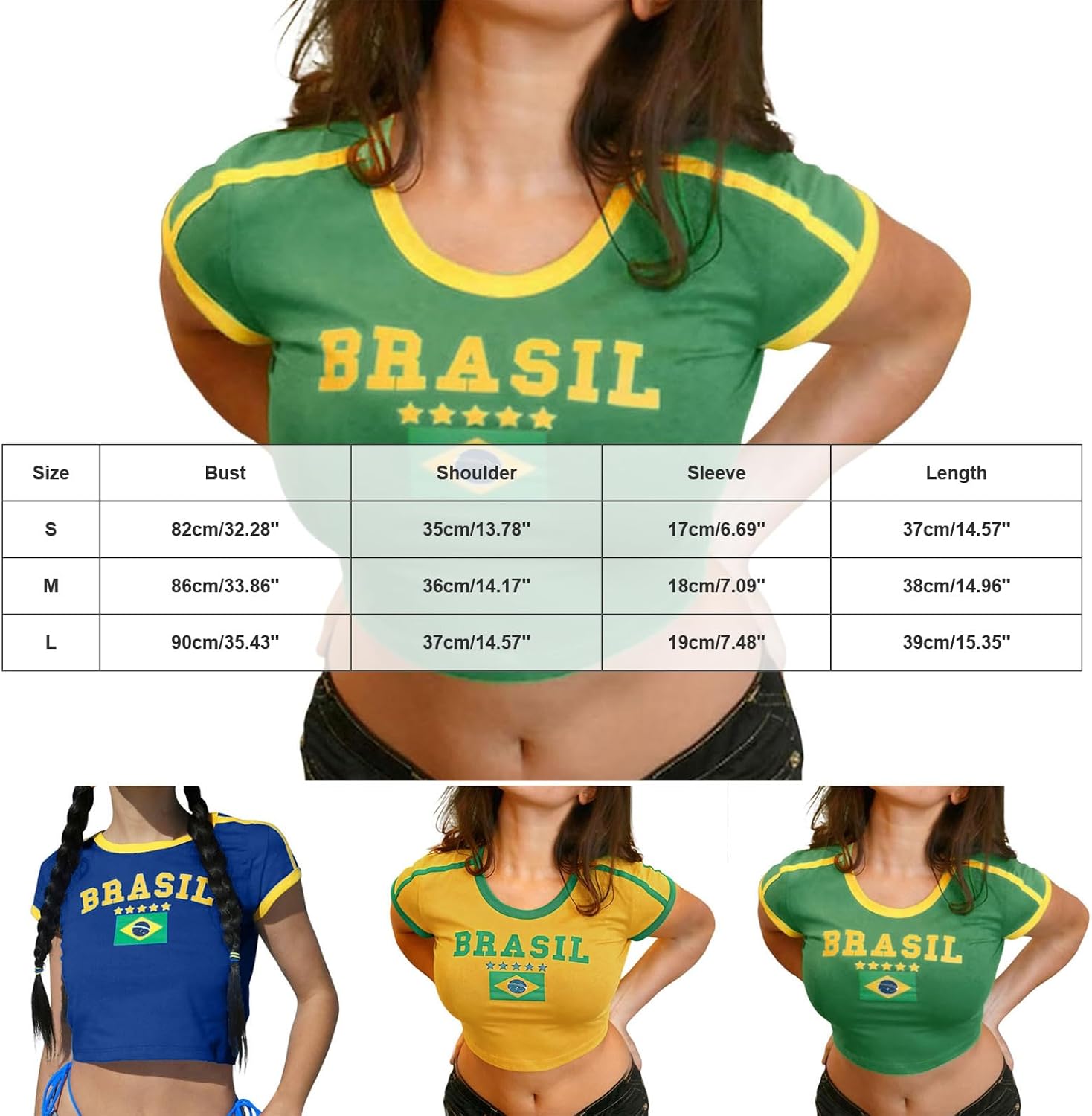 Générique Crop Top Football Femme Manches Raglan Drapeau Brésil Inscription Haut Court Tissu Respirant pour Supporteurs Sorties Estivales Tailles S À XL