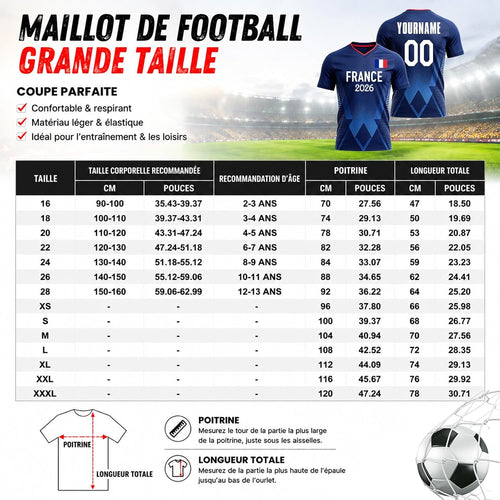 France 2026 Football Jersey Personalized Kid with Name and Number Football T-Shirt for Men Boys Adult Comfortable Breathable Personalized Football Gifts