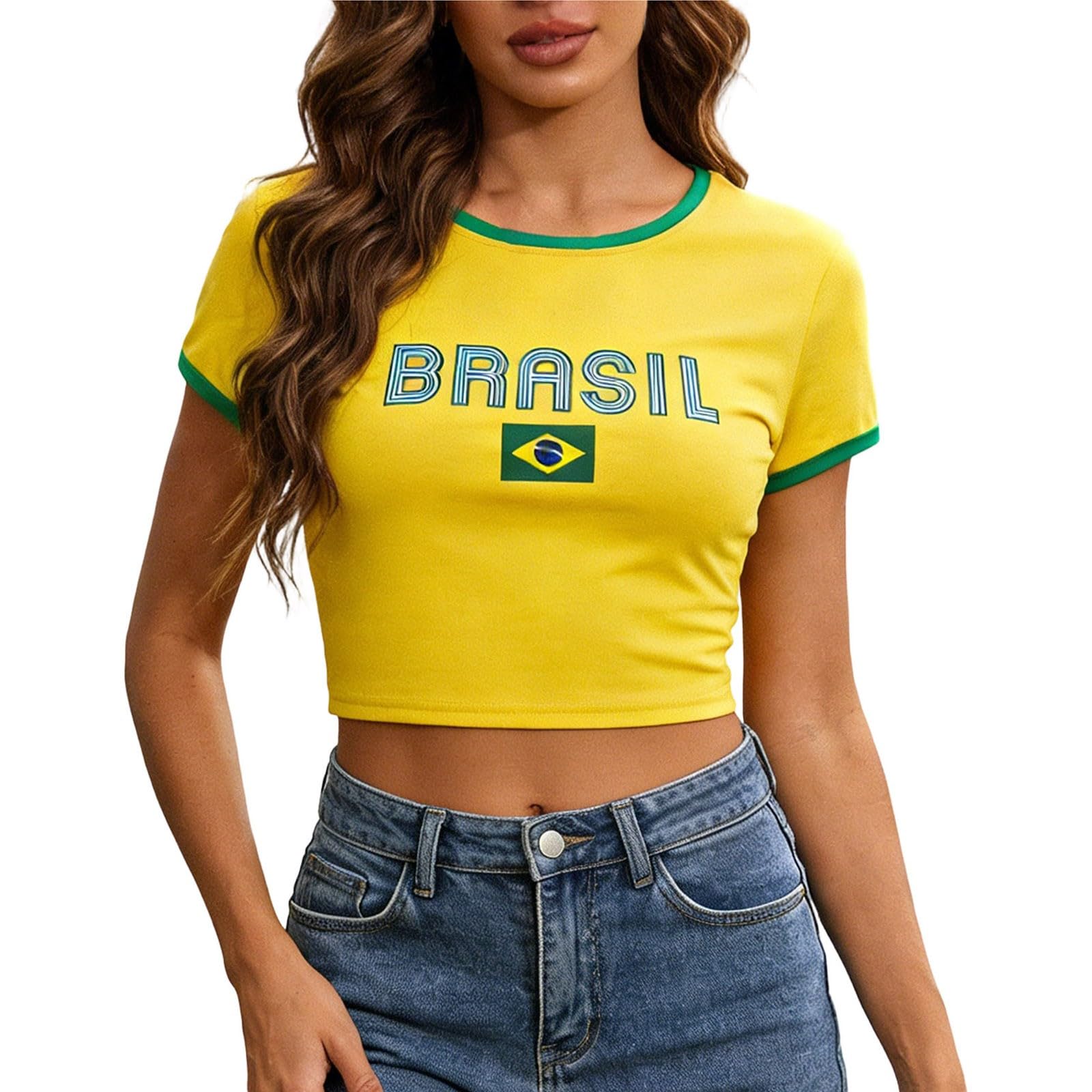 Women's Sports Crop Top Round Neck Short Sleeve Summer Brazil Naked Belly for Teens Girls Vintage Pom-Pom Uniforms Breathable Sportswear