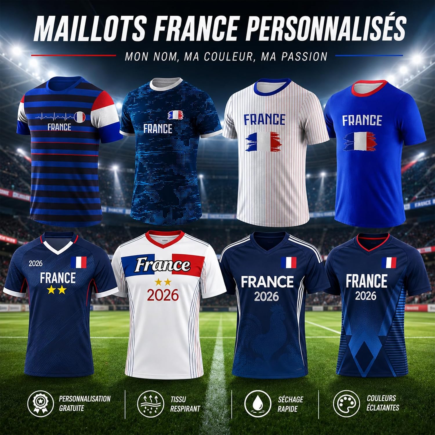 France 2026 Football Jersey Personalized Kid with Name and Number Football T-Shirt for Men Boys Adult Comfortable Breathable Personalized Football Gifts