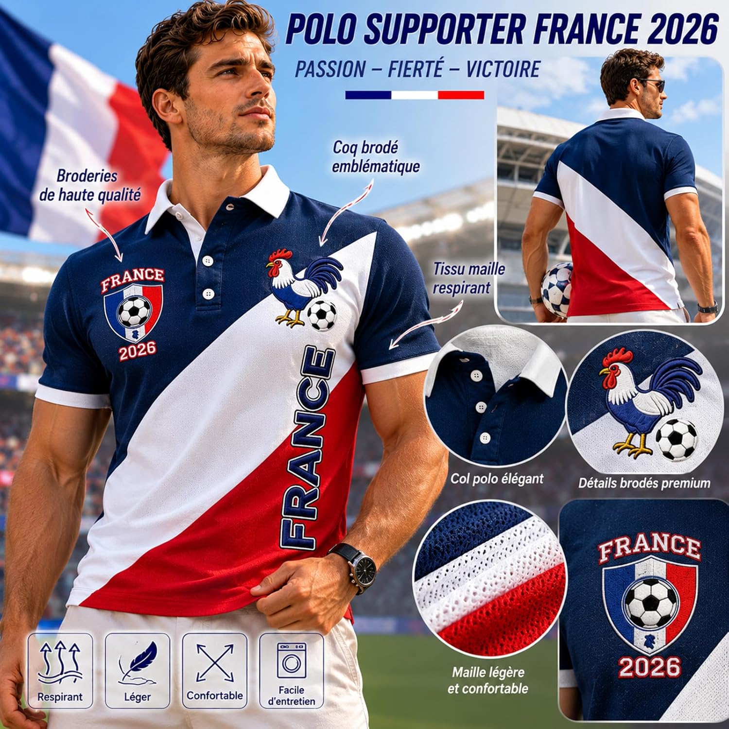 2026 World Cup Football Supporter Jersey - France Team Casual Top, Classic Fit and Stitching